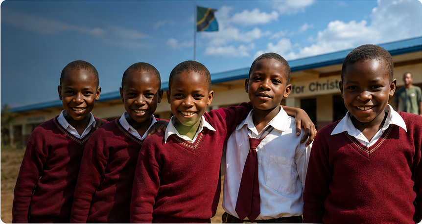 Students standing together outside a school in Tanzania